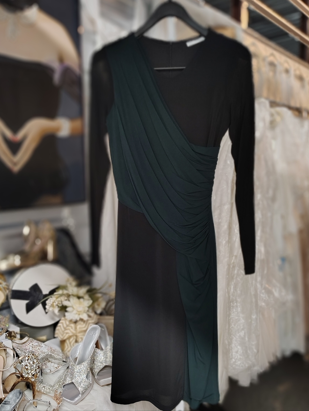 BOSS Eretha Jersey Sheath Midi Dress Black Green Stretch Size S NWOT - Picture 3 of 7